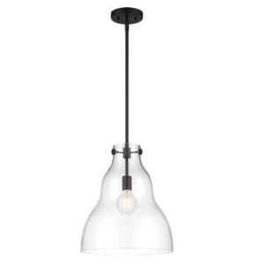 A pendant light with a three-tiered, cone-shaped shade in clear glass.